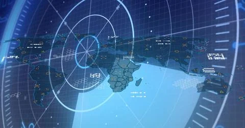 Displaying flattened holo world map on command display, showing radar rings, HUD Illustrazione stock