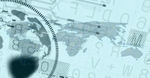 Displaying flattened world map on control screen, showing globe, HUD, gridlines, Stockfoto's