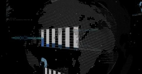 Displaying floating bar chart with six white and blue bars on digital dashboard, Stock Illustration