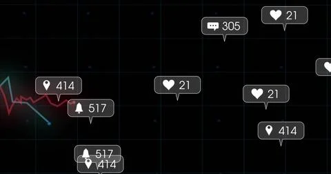 Displaying floating bubble cluster on dark dashboard, showing heart21, chat305, Illustrazione stock