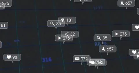 Displaying floating cluster of labels showing engagement stats on dark grid w Stock Illustration