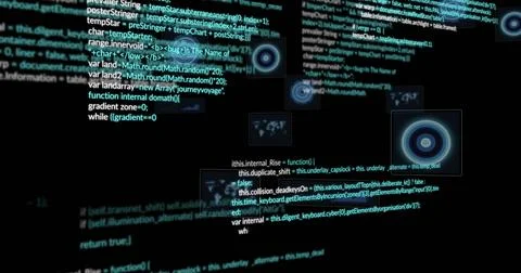 Displaying floating code blocks and UI panels in interface with circular targets Illustrazione stock