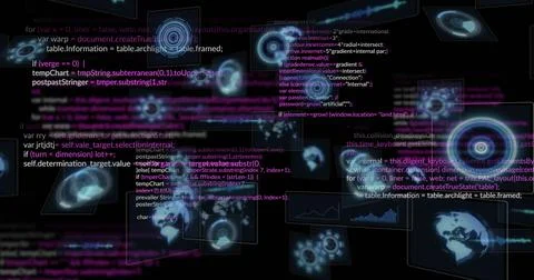 Displaying floating code lines with panels and icons in UI with rotating globe Stock Illustration