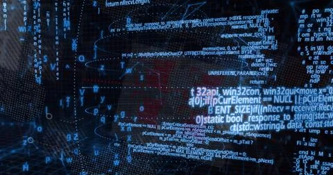 Displaying floating code overlay in cybersecurity dashboard, with glowing Stock Illustration