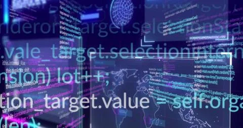 Displaying floating code panels and projecting world-map in dark control room, Stock Illustration