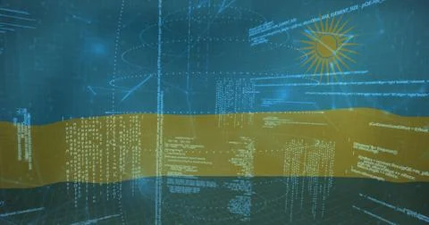 Displaying floating code streams above grid floor, with translucent yellow band Illustrazione stock