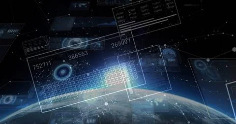 Displaying floating data panels above Earth horizon, with holographic grid, Stock Illustration