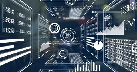 Displaying floating data panels converging toward center in grid space, with Foto stock