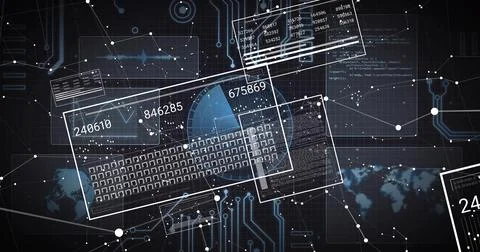 Displaying floating data panels in digital dashboard, showing keyboard, blue pie Stockillustratie