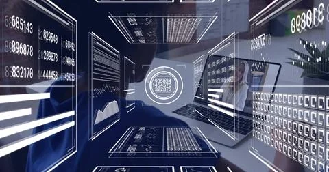 Displaying floating data panels drawing to target at office, laptop reflecting Stock Photos