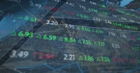 Displaying floating digital numbers, line chart traces and wireframe grid over Stock Photos