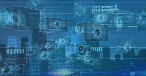 Displaying floating digital panels over blue city skyline, with scanning icons Foto stock