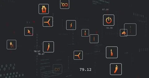 Displaying floating energy icon frames with metrics on virtual dashboard, 库存照片