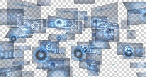 Displaying floating flat panels showing code, UI indicators and charts on Stockfoto's