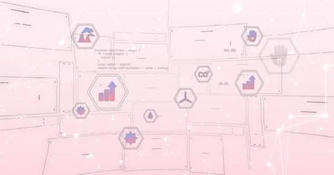 Displaying floating hexagonal environmental icons on pastel pink backdrop, with Foto stock