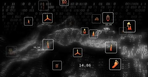 Displaying floating icons, numeric readouts over point-cloud terrain with CO2 Illustrazione stock