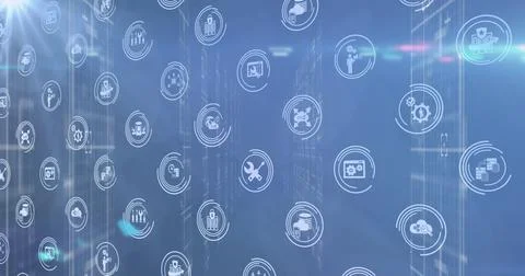 Displaying floating icons overlaying server racks, with cloud chart and security Stock Illustration