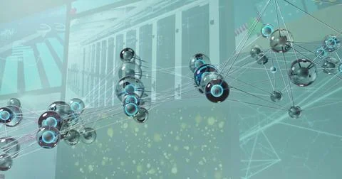 Displaying floating metallic sphere network linked by thin wires over server Illustrazione stock