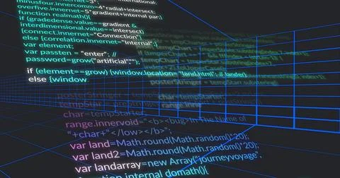 Displaying floating multicolored code snippets over wireframe grid cubes in Stock Illustration