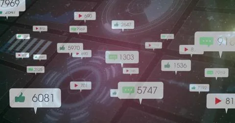 Displaying floating notification bubbles over grid interface, with HUD graphics, Stock Photos
