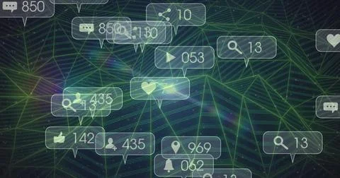 Displaying floating notification icons over dark mesh grid, with chat bubbles Illustrazione stock
