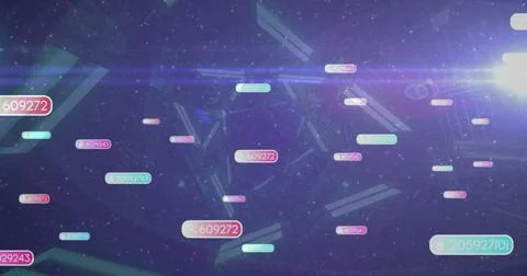 Displaying floating numeric capsule labels linking via lines in digital space, Stock Photos