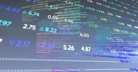 Displaying floating numeric data and code in virtual space, with triangular Stock Photos
