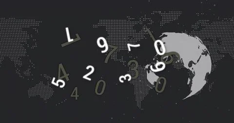 Displaying floating numeric digits rotating across digital background, with g Stock Illustration