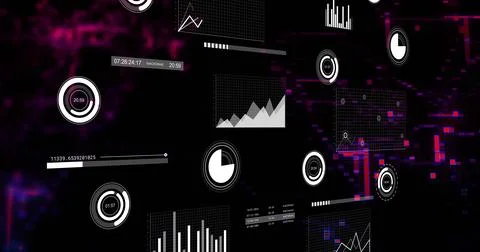 Displaying floating panels in dark virtual UI, showing gauges, charts, readouts, Stock Illustration