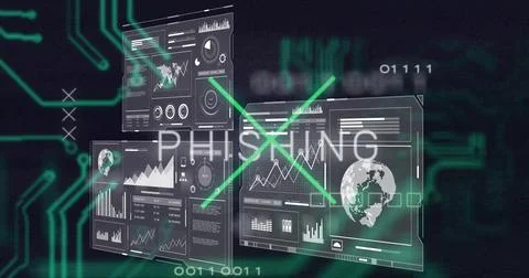Displaying floating security panels on dark backdrop, with charts, globe, Illustrazione stock