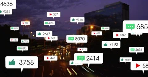 Displaying floating speech bubbles and play icons over dusk urban highway, Stock Photos