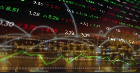 Displaying floating stock numbers, lines, green up and red down triangles on Stock Illustration