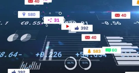 Displaying floating thumbs-up and chat bubble icons at virtual data dashboard Stock Illustration