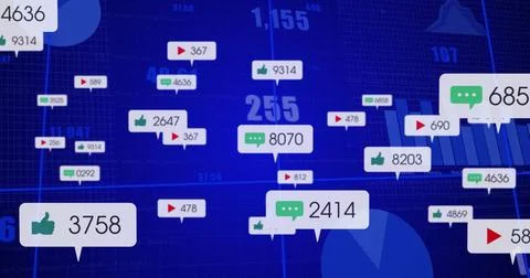 Displaying floating thumbs-up, chat and play icons with counts on digital Illustrazione stock
