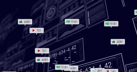 Displaying floating thumbs-up, play-button and comment icons in dashboard grid, Stockillustratie