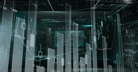 Displaying floating translucent 3D bar chart cluster in data room, with grid Stock Photos