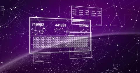 Displaying floating translucent UI panels and virtual keyboard orbiting planet, Illustrazione stock