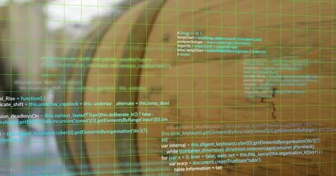 Displaying floating transparent coding interface overlay at desk, with green Stock-Fotos