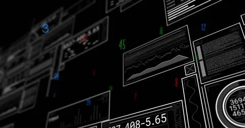 Displaying floating UI panels showing charts, code blocks, digits and circula Illustrazione stock