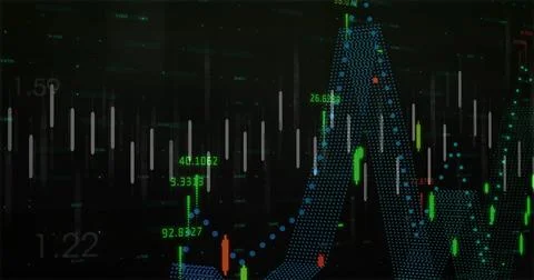 Displaying fluctuating blue dotted line over candlestick bars on trading grid 스톡 일러스트