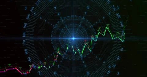 Displaying fluctuating line graph and candlesticks on dashboard with radial Stock Illustration