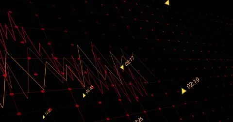 Displaying fluctuating neon line graph with yellow time markers on red dot grid Illustrazione stock