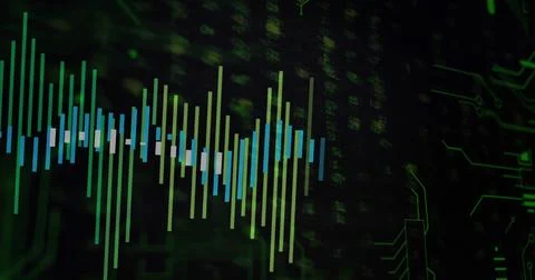 Displaying fluctuating vertical bars pulsing on screen, with binary digits and Stock Photos