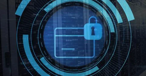 Displaying folder icon securing data on server racks, with padlock symbol, arcs 스톡 일러스트