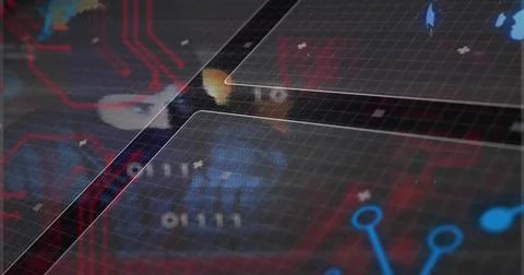 Displaying foreground glass grid panel on UI, showing red traces, blue nodes, Stock Illustration