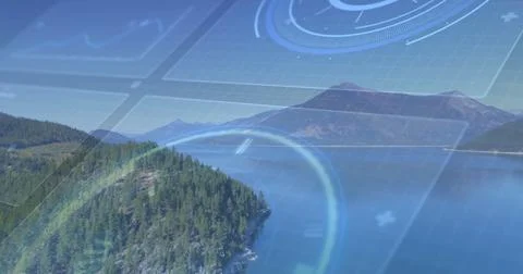 Displaying forested peninsula extending into calm lake waters, with HUD grid 写真素材