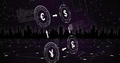 Displaying four floating currency HUDs exchanging via white arrows over virtual Stock Photos