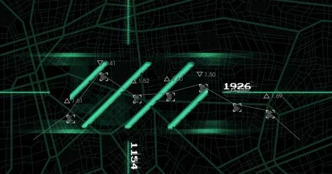 Displaying four glowing diagonal teal bars over HUD street grid, showing target Stock Illustration