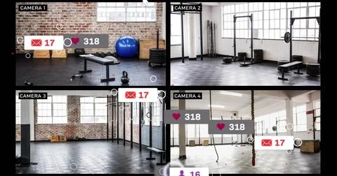 Displaying four-panel surveillance view of industrial gym interior, with Stock Photos