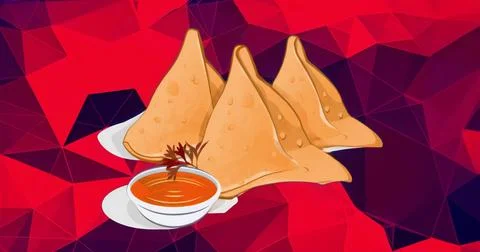 Displaying four samosas resting on white plate in studio, with orange chutney Stock Illustration
